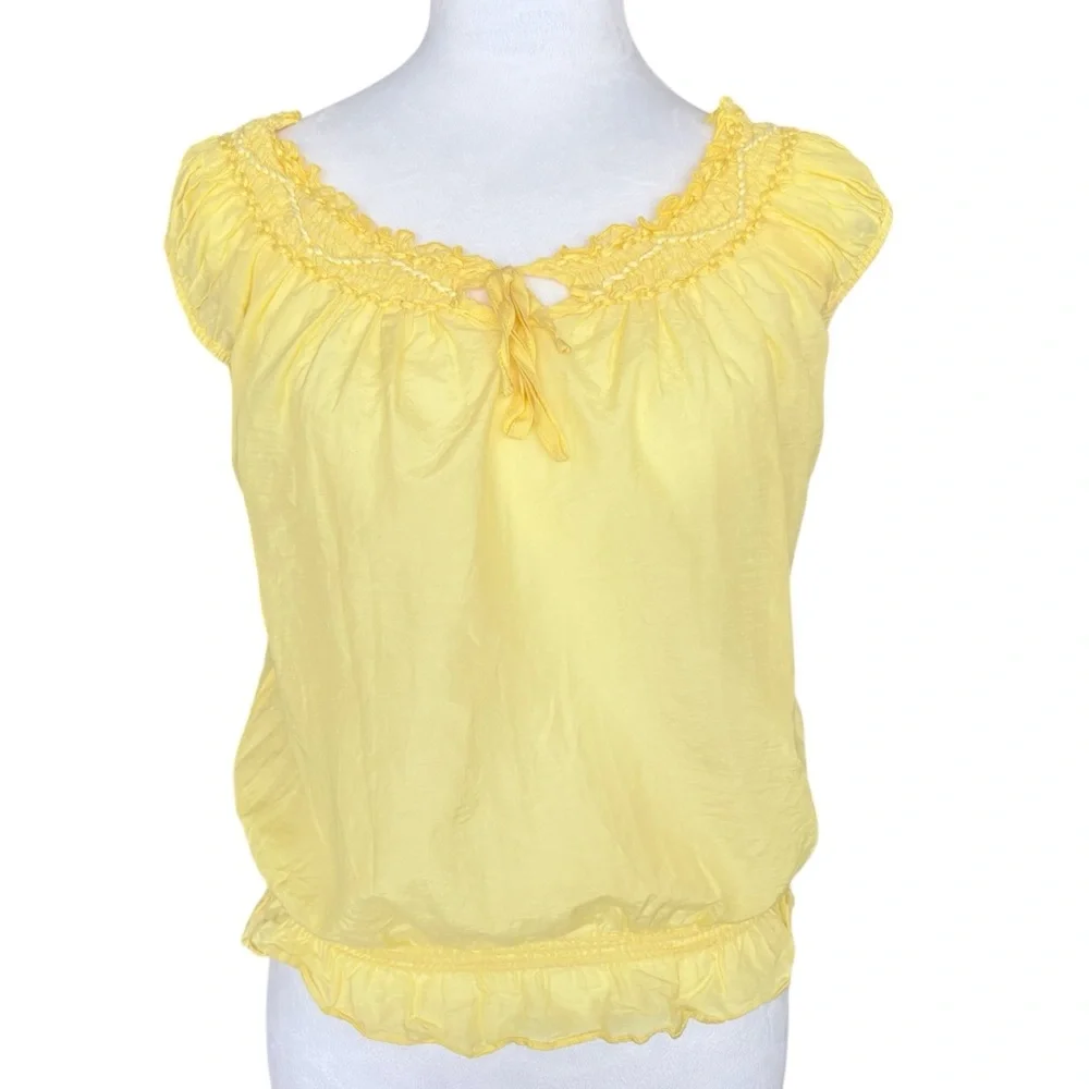 Coco Cabana Yellow Smocked Neck Cap-Sleeve Sheer Top Silk Cotton Blend XS - Picture 2 of 8